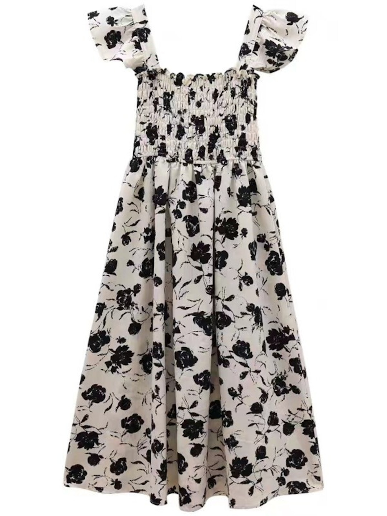 フラワープリントギャザーワンピ D1314