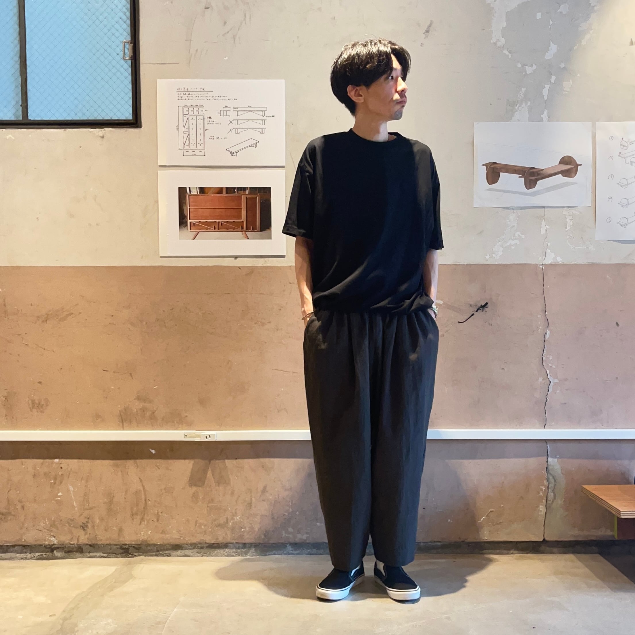 TUCK GATHER EASY PANTS C/L/R HERRINGBONE/charcoal【結-yui