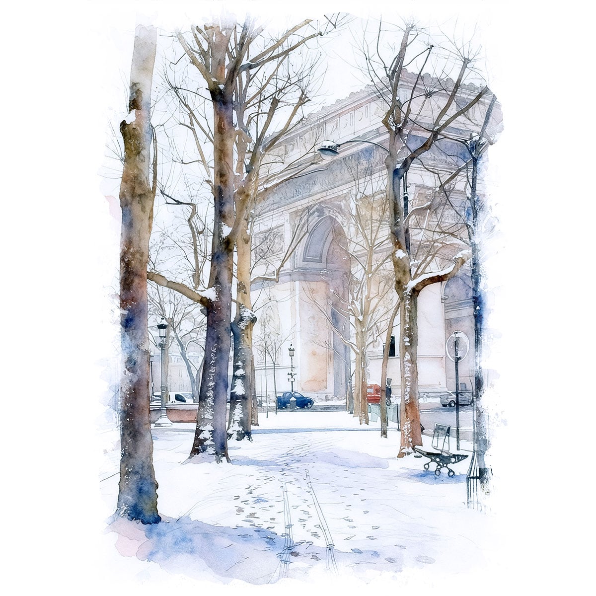 絵画 風景画(街並み) 冬 雪のフランス パリ 凱旋門 インテリアアート額付き 水彩画・油絵調 WAT0599