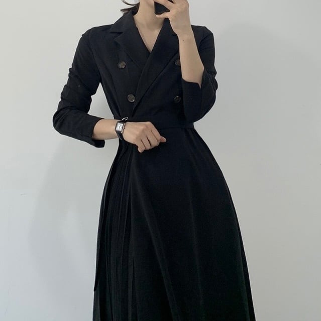 ダブルボタン ウエストベルト付き プリーツ長袖ワンピース ◆2col YH8659