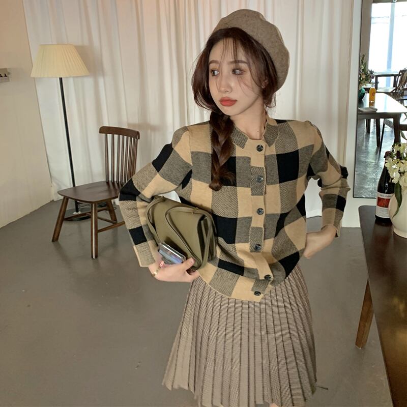 ニットセーター カーディガンジャケット オータムウィンタースタンダード格子柄ルーズスタイルトップス レトロ 秋物 冬物 ブラックストロベリース74631343330