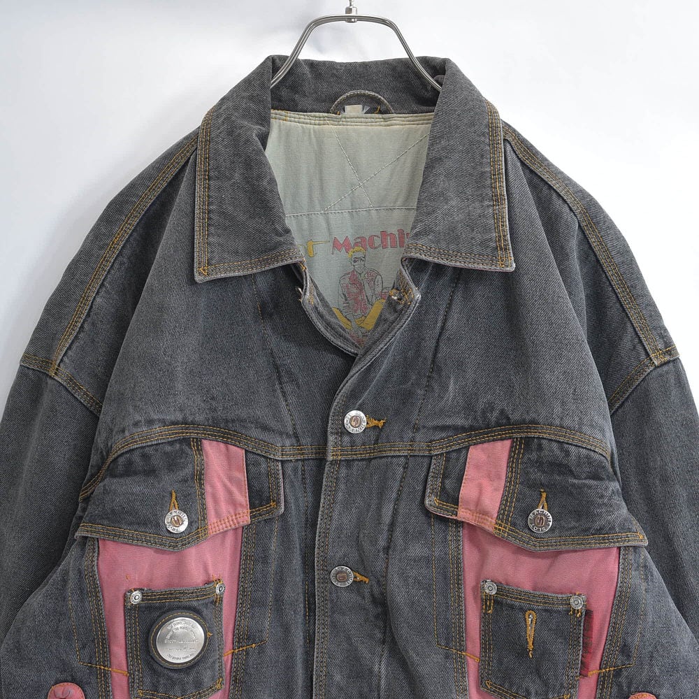 80~90s Slot Machine スロットマシーン グッドフェード ブラックデニム 切替デザイン トラッカージャケット Gジャン アウター ヴィンテージ ビンテージ 古着 メンズM相当