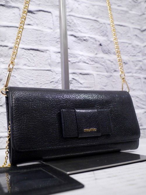美品 ◆ miu miu ミュウミュウ MADRAS マドラス クロスボディ ショルダー ウォレット バッグ ポシェット 黒x金◆ クロスボディ仕様の定番♪