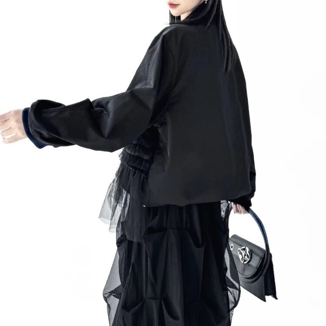 Denim tulle layered blouson C1461