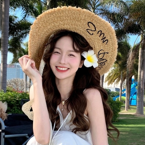 【予約販売】麦わら帽子 メッセージ レースリボン ツバ広 女優帽  夏 ハット  レディース 海 ガーリー アウトドア 可愛い 日焼け防止 紫外線 こなれ感 お洒落  韓国 トレンド