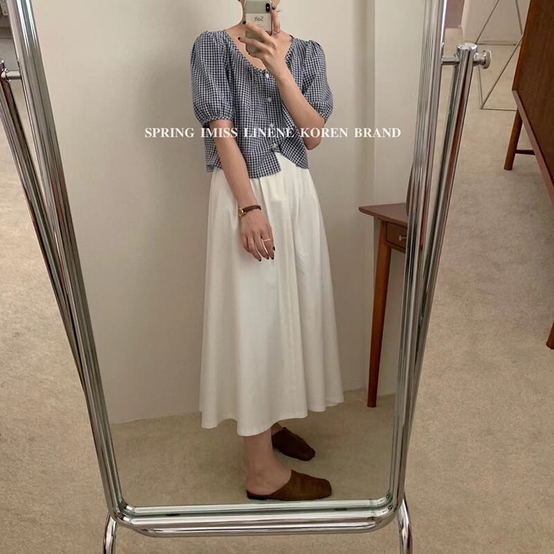 格子柄ラウンドネックシャツ サマールーズ薄手半袖スリーブシングルブレストトップス ショート ハーフスリーブ 夏物 Oネック ビッグFスモールZ韓国58409049553