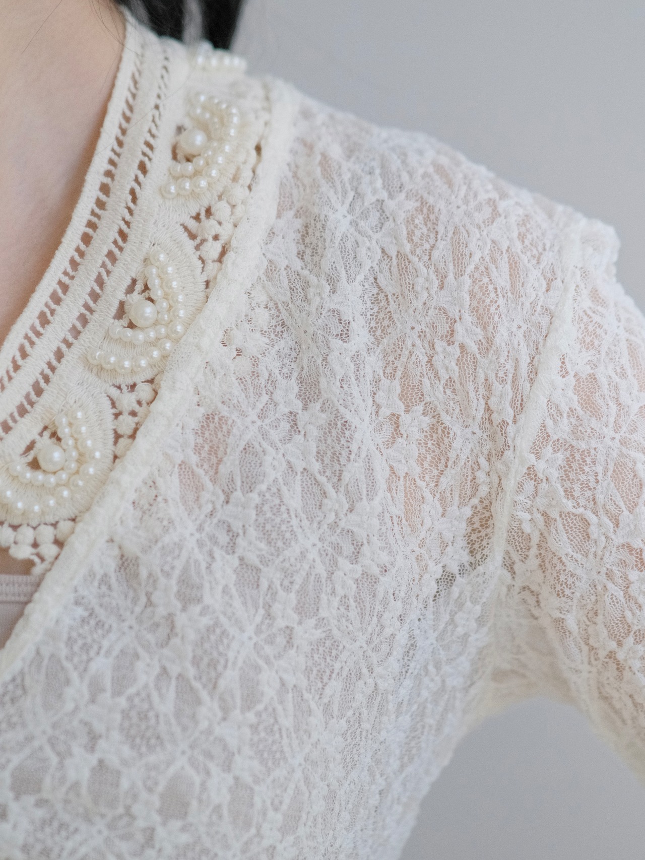 Lace Gathered Top / WHITE - 3