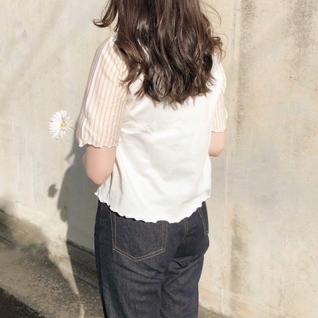 ストライプ柄が可愛いトップス 柄スリーブTシャツ｜イエロー｜画像5