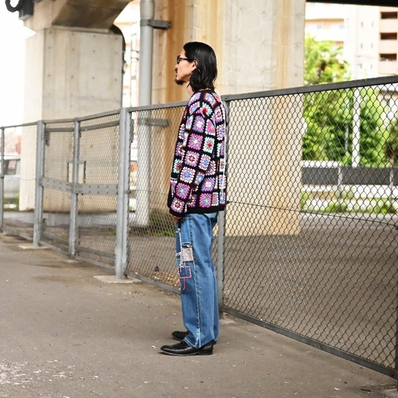 Leh / Flower Panel Carigan、KUON / Sashiko Mended Denim Trousers コーディネート