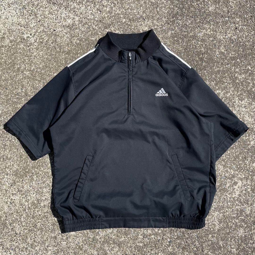 【XLサイズ】00's adidas ロゴ刺繍3ライン 半袖ハーフジップ 古着 プルジャケット