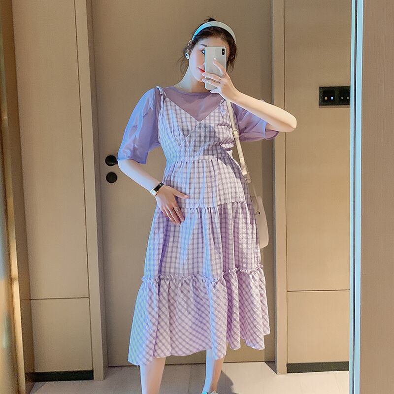 【新作】【送料無料】 マタニティウェア2020夏の新しいバブルコットンチェック柄ミドル丈サスペンダースカート+ Tシャツ、年齢を減らしたツーピースセット妊婦-アリババ サマー 夏物 expec298857393425