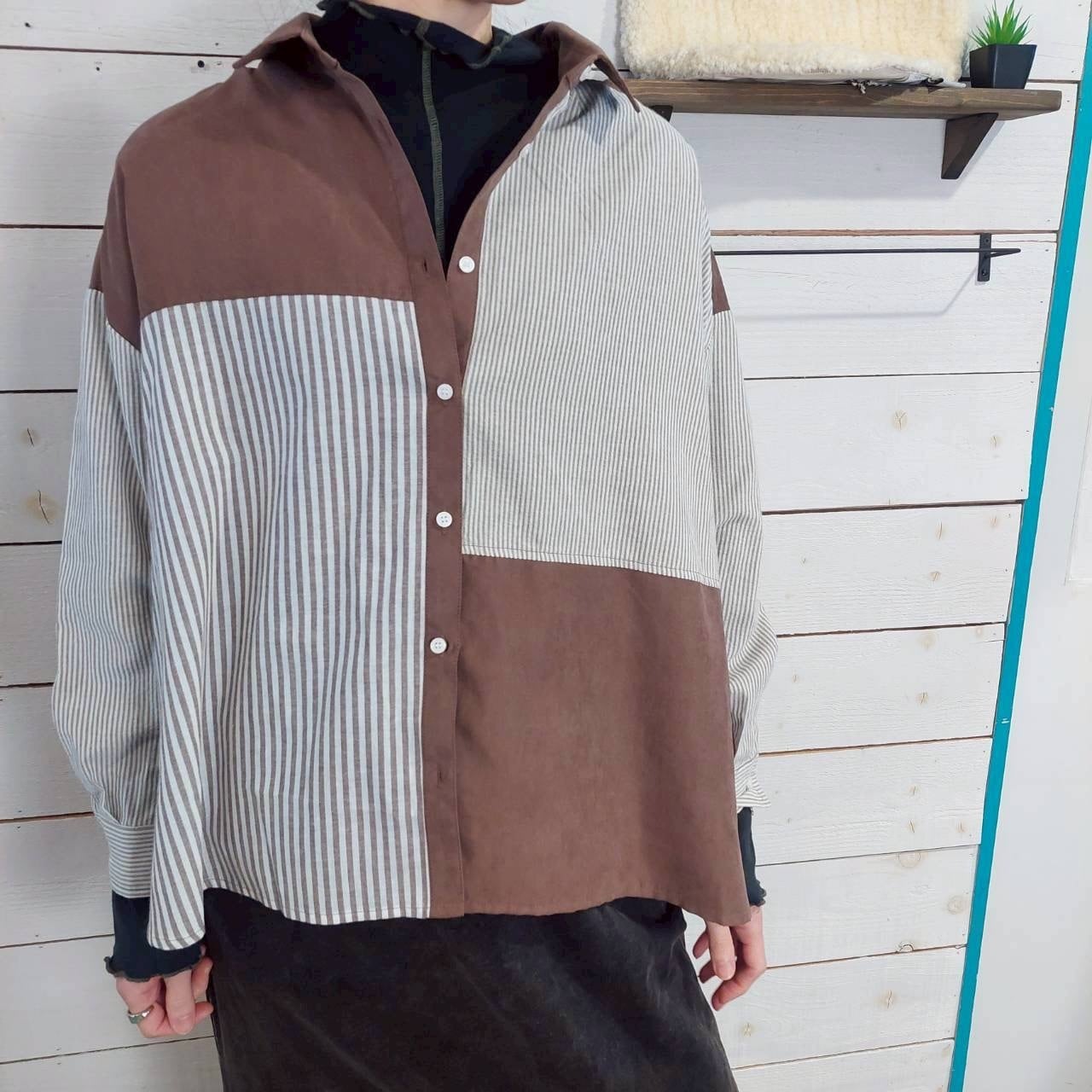 『People's』2442　MIXストライプ切替シャツ　フリーサイズ　