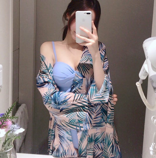 青/オレンジ/花柄 韓国風モノキニ リーフ柄ビーチガウン ワイヤー入りビキニ