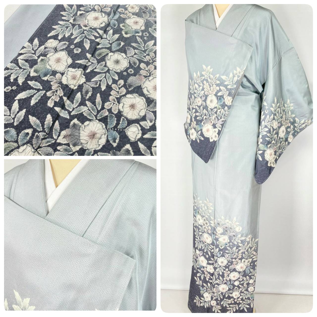 大島紬 辻が花絞り 未使用 訪問着 本場大島紬 正絹 グレー 水色 958 | kimono Re:和 [online store] キモノリワ 着物  帯