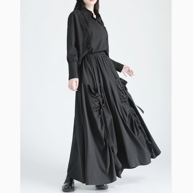 Drawstring long flared skirt C0774