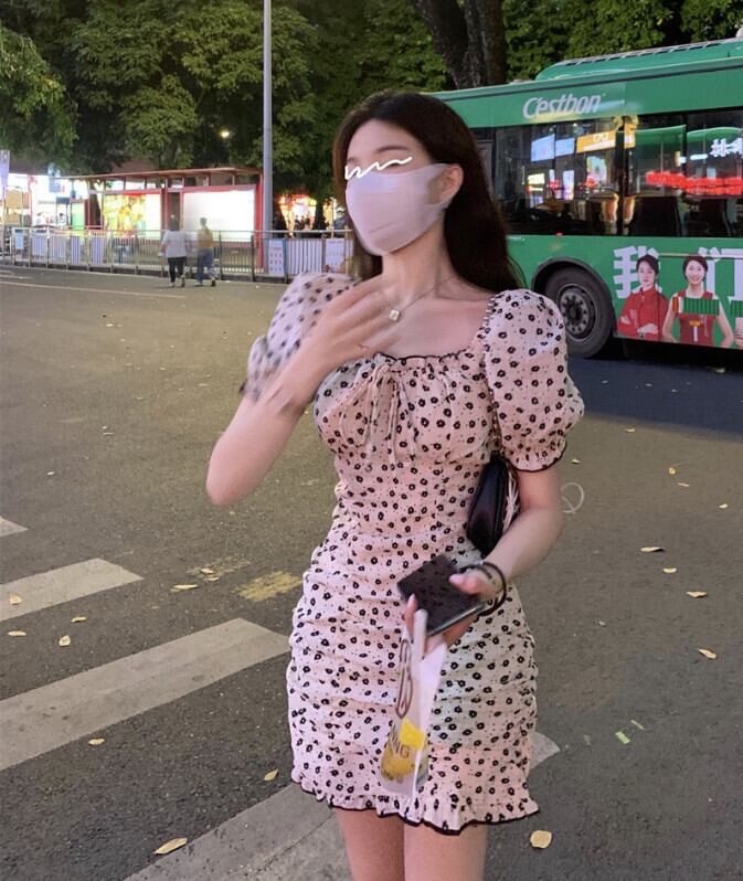 スリーブフローラルドレス サマースタイルショートスカート 大人ガーリー スウィート キュート カジュアル 夏物 花柄 スクウェア モンロー15485876654