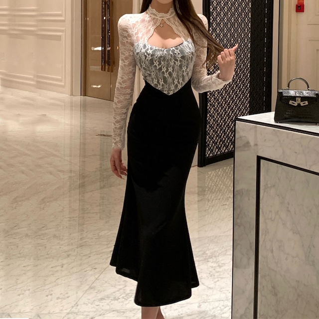 ワンピース レース セクシー フィッシュテール 長袖 着痩せ ブラック S M L