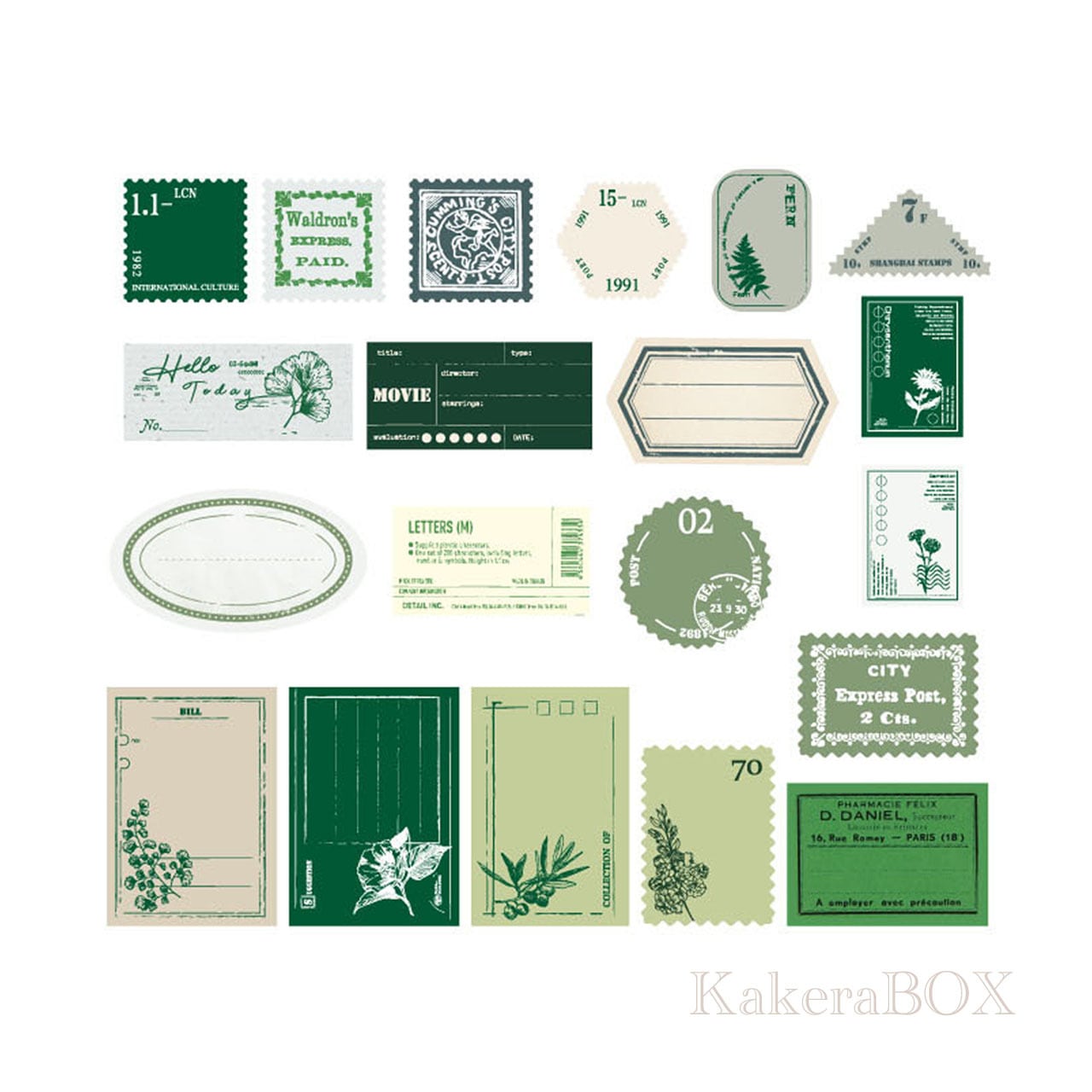 切手風＆フレームデザイン海外シール Green | KakeraBOX