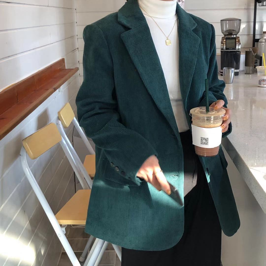コーデュロイグリーンのスーツジャケット女性の2020年初秋新しい英国スタイルの小さなレトロなルーズシルエットスーツ クレセントシティ24874653154