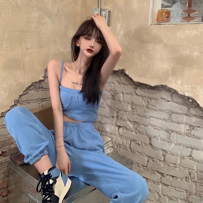 ファッションスーツレディース秋スリングトップ2020新しいハイウエストワイドレッグパンツツーピーススーツ ブラックストロベリース61903324974