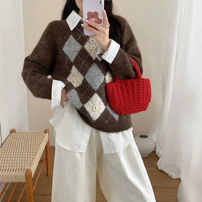 【tops】アーガイルチェックニットトップス Q7145