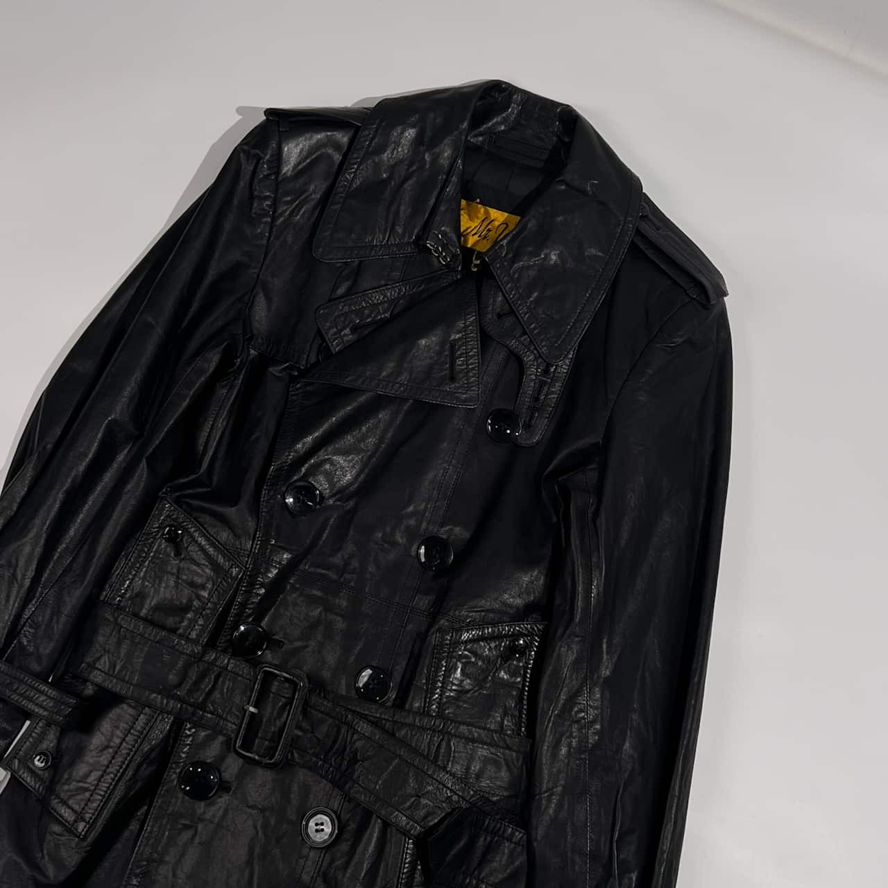 70s 80s 本革 Mr.Van BY VAN JACKET ミスターヴァン 牛革 カウスキン ベルテッド レザー トレンチコート M /ブラック系 メンズ ヴィンテージ