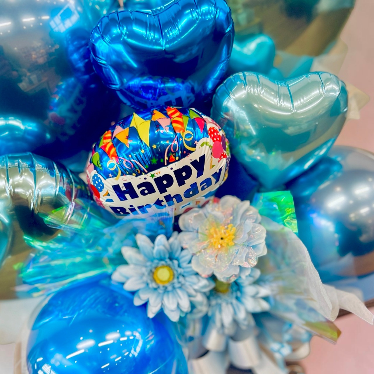 【メッセージ変更OK】フラワー＆バルーンアレンジ ブルー｜誕生日・発表会・記念日・結婚祝い・ありがとうギフト【名入れ対応】