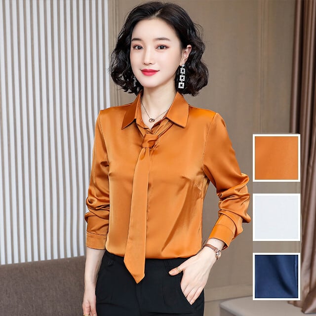 トップス ブラウス シャツ 光沢 サテン風 ベーシック 着回し オフィス パーティー オケージョン フォーマル 無地 長袖 S/M/L/XL/2XL