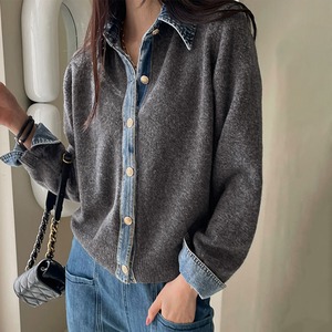 デニム 切り替え ニット カーディガン 長袖 レディース 春秋冬 韓国 きれいめ 大人 カジュアル おしゃれ 重ね着風 トップス 羽織り ドッキングニット 大人可愛い 大人女子