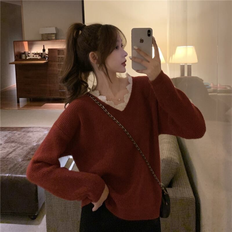 スプリングオータムルーズVネックレースセーター レディース ロング 春物 秋物 ステッチ YY-ファッション97689528883