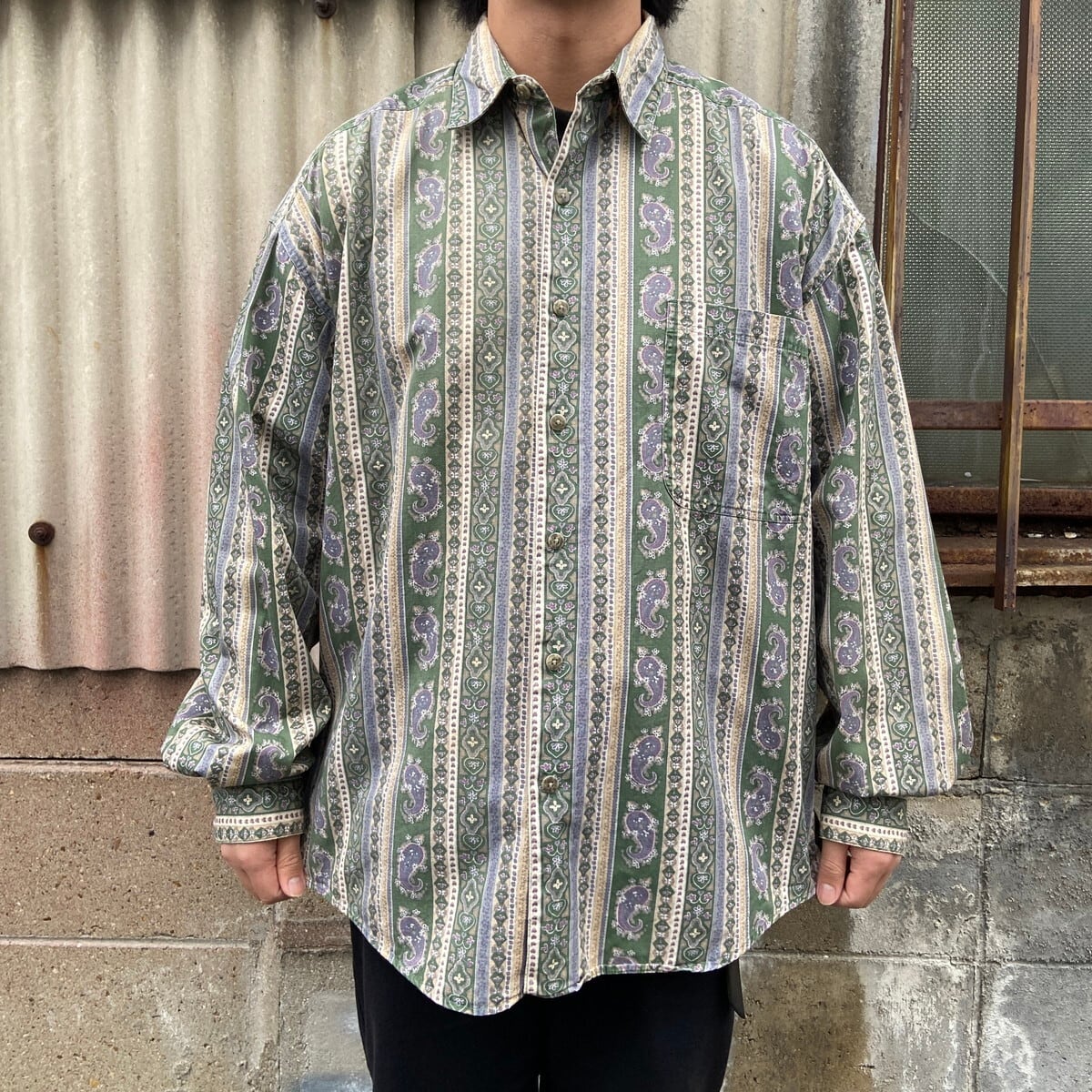 STRUCTURE 総柄 長袖コットンシャツ メンズXL 古着 ペイズリー柄 STRUCTURE 総柄 長袖コットンシャツ メンズXL 古着 ペイズリー柄