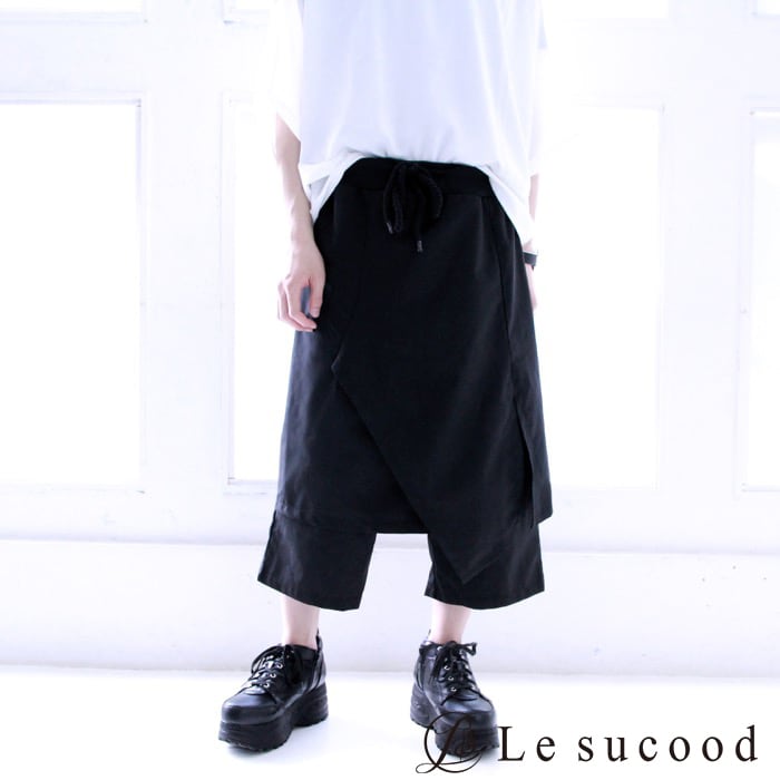 Le sucood】btm015 7分丈 デザイン袴パンツ 変形 ワイドパンツ