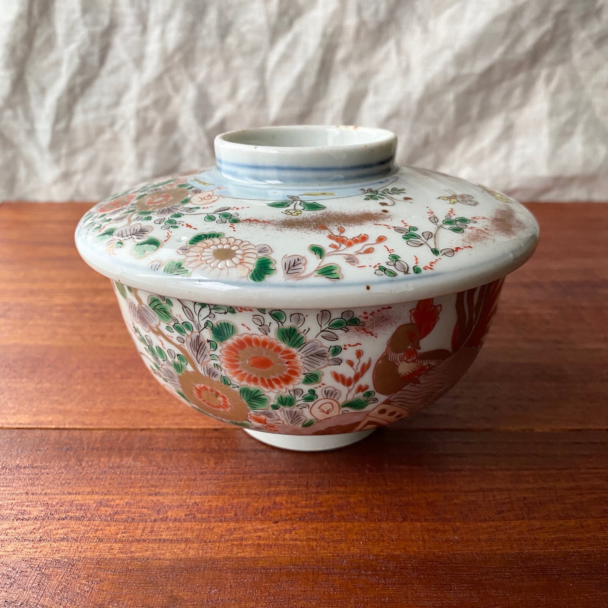 裏千家の茶器 陶器 ピンク 小鳥さん柄 ピンクが美しい花鳥図の蒸し茶碗 | むかしのうつわ 迦史庵