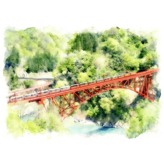 絵画 風景画 日本 富山県 黒部峡谷鉄道 新山彦橋  インテリアアート額付き 水彩画風 WAT1765