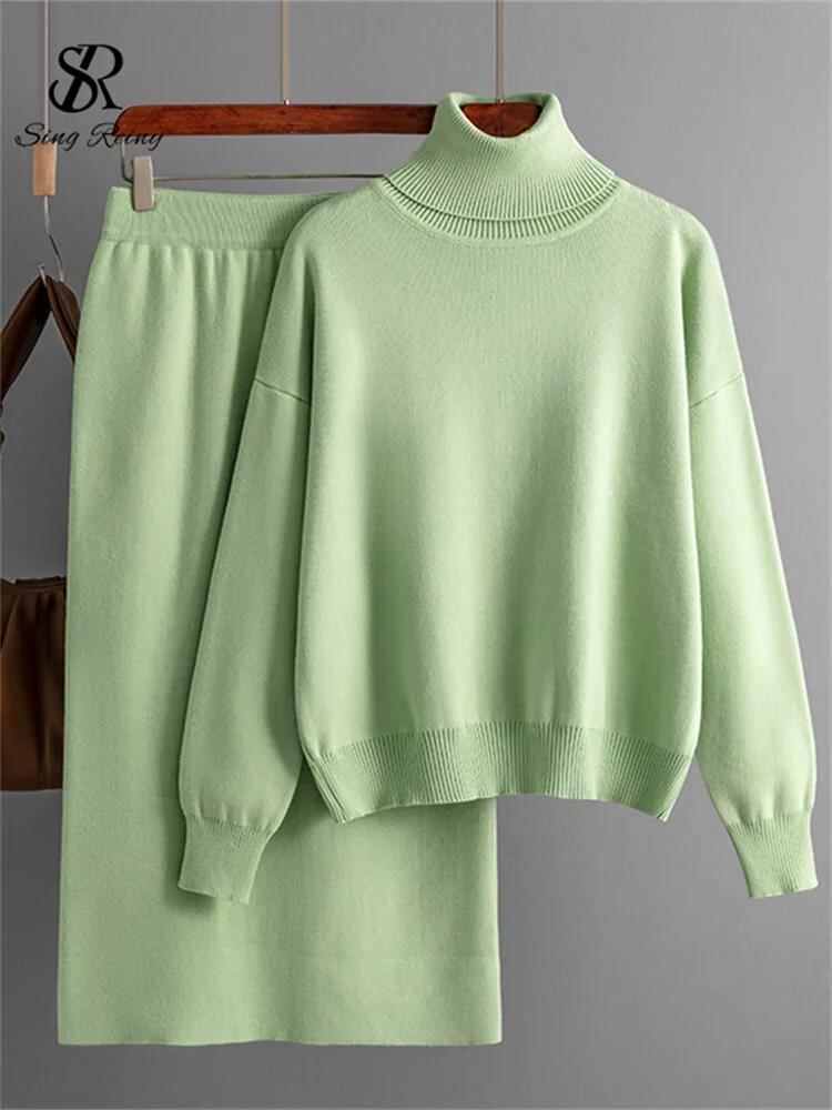 Sing補強-女性用優しいニットスーツ、タートルネック、長袖、ルーズプルオーバー、伸縮性ウエスト、ボディコンスカート、単色、ファッション、冬_94