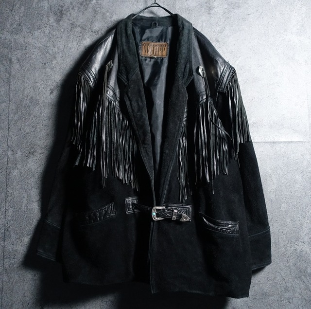 Black Fringe Western Belt Design Leather Tailored Jacket