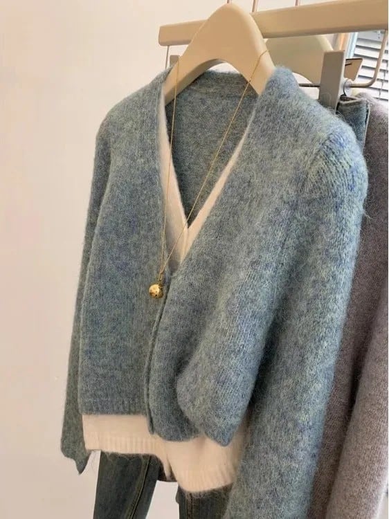 レディース 韓国風ルーズニットセーター Vネック フェイクツーピース 長袖 無地