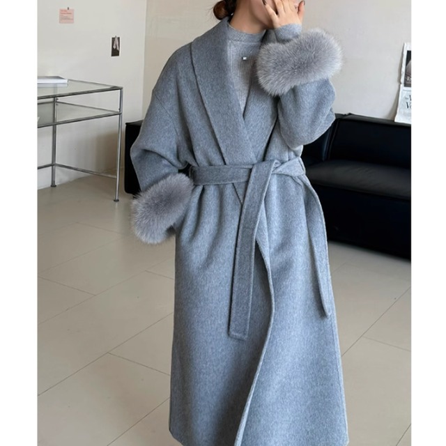 Fur sleeve gown long coat A835