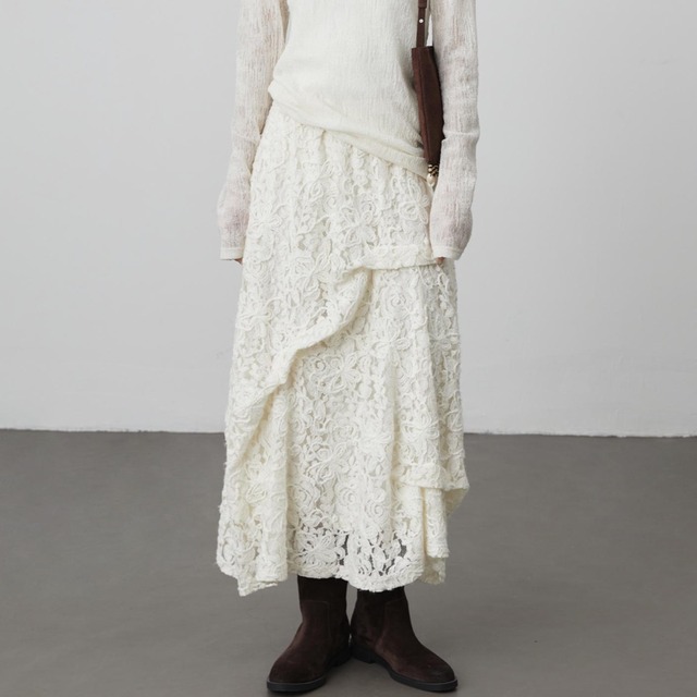 Lace tuck long skirt　V2073