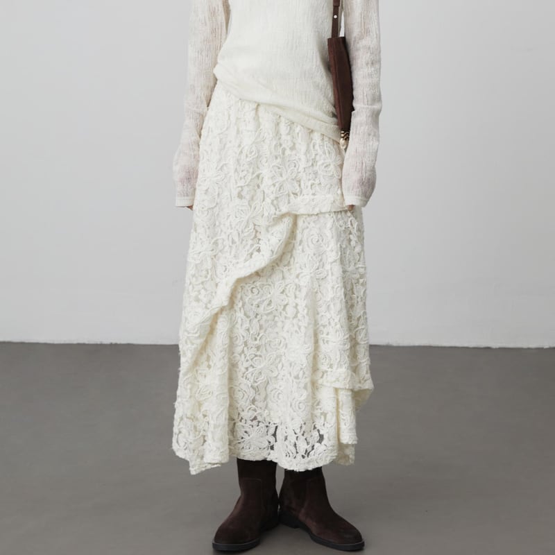 Lace tuck long skirt V2073