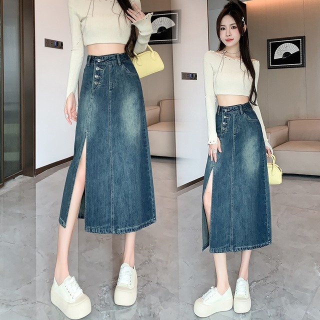 スカート ロングスカート デニムスカート ミモレ丈 ロング Aライン スリット デニム ポケット ハイウエスト きれいめ 大人 おしゃれ レトロ セクシー 無地 春 秋 冬 レディース  デート お出かけ 女子会 休日 リゾート 旅行 普段使い 脚長 定番 送料無料 S M L XL 2XL ブルー