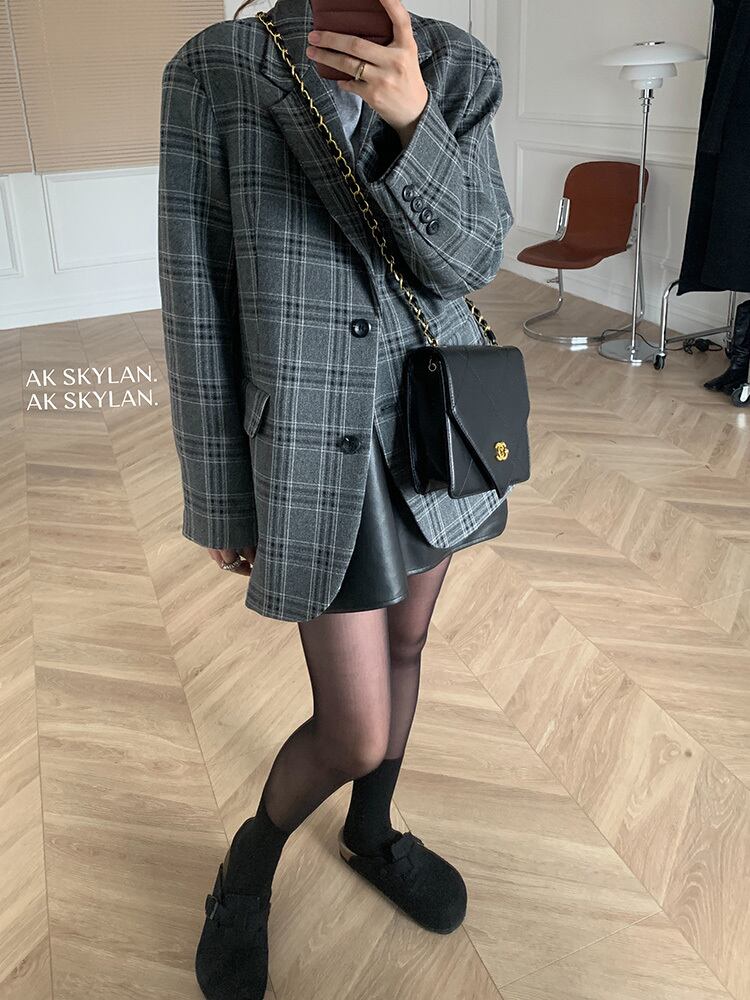 格子柄ウールオータムスタイルルーズカジュアル 秋物 ビッグFスモールZ韓国75654592906