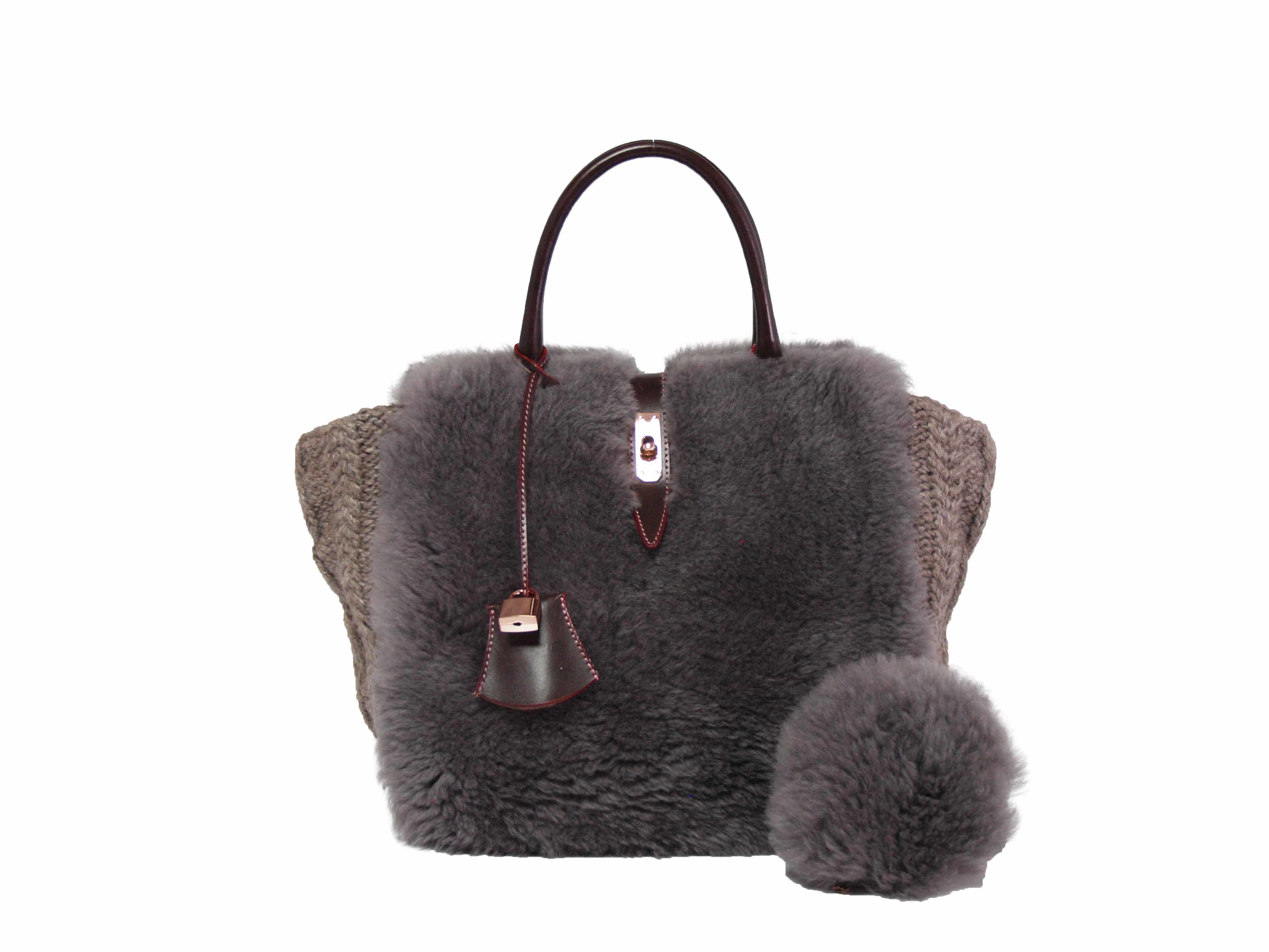 muku LUXE グレージュ ムートン 手編みニット トートバッグMサイズ
