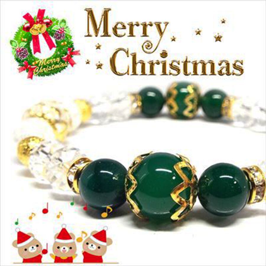 【Happy Xmas♪】天然石グリーンメノウ＆クラック水晶 クリスマスデザインブレスレット（10mm）★