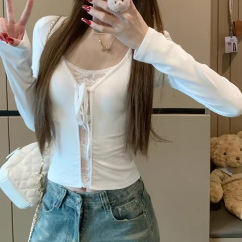 4色／フロントレースドッキングリボントップス ・75511