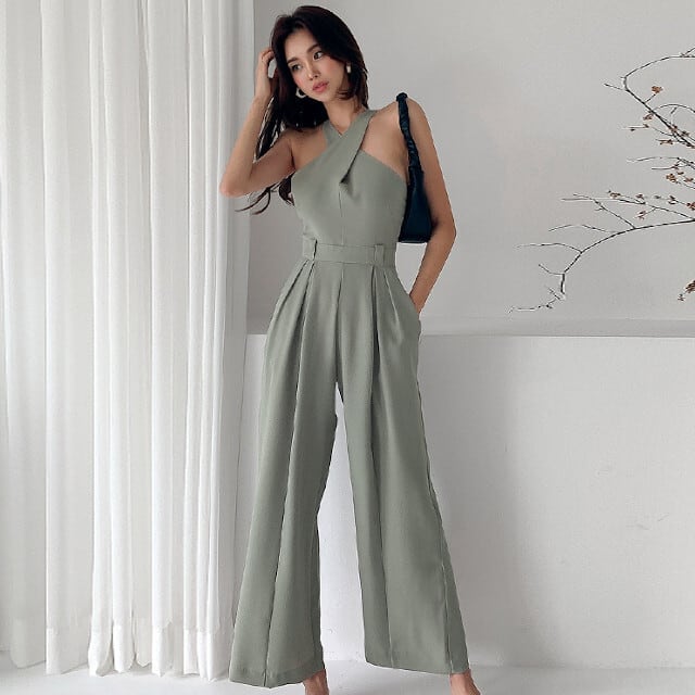 ジャンプスーツ レディース パンツドレス ノースリーブ クロスネック アメリカンスリーブ アイボリー オケージョン 結婚式 二次会 パーティ S/M/L/XL