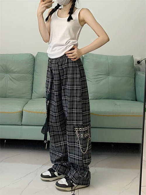 パンツ 切り替え バイカラー 体型カバー 着痩せ チェック柄 カジュアル