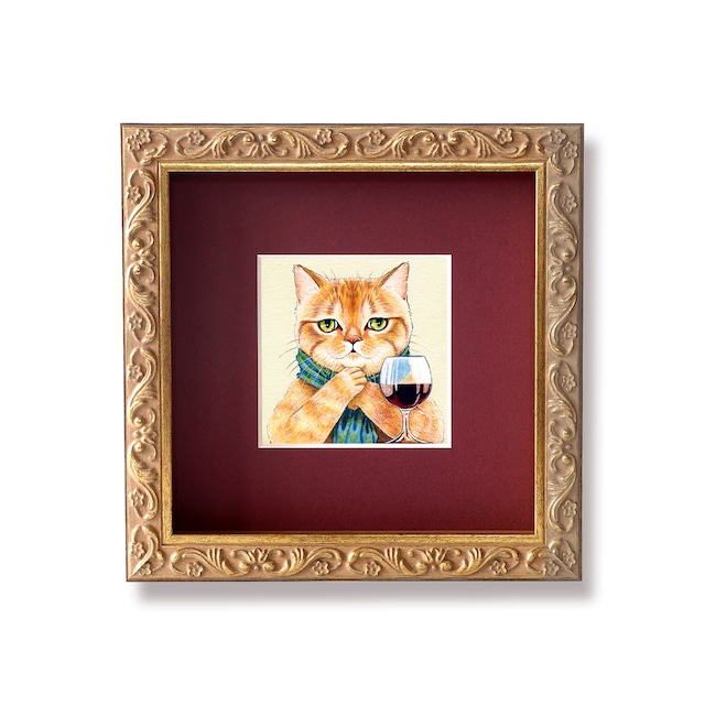 茶トラ猫と赤ワイン 原画 / Red Tabby Cat and Red Wine Original Artwork