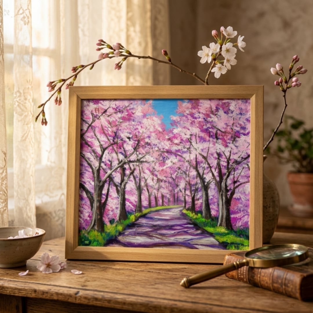 桜の小道：春の記憶｜油絵 桜 風景画 絵画 原画 春 癒やしのアート