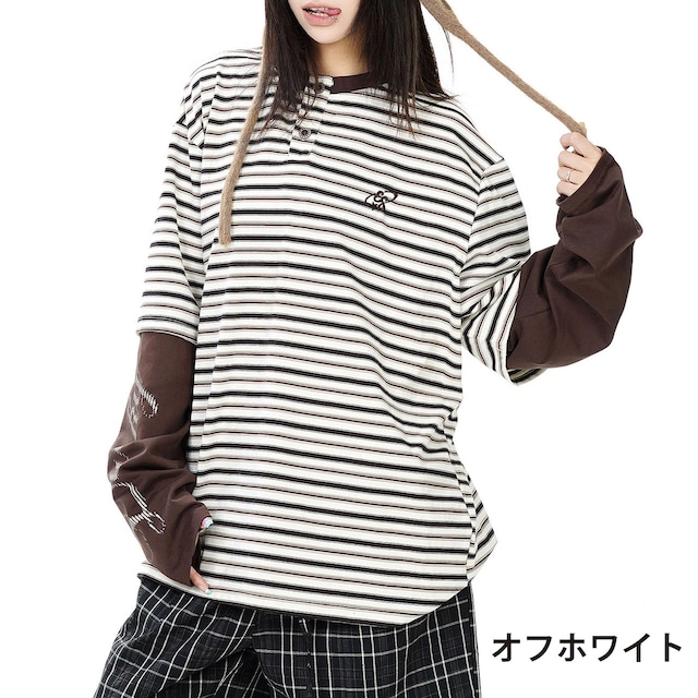 レイヤードスリーブボーダーヘンリーネックTシャツ 2col R02479